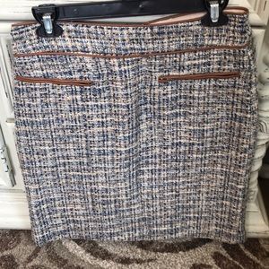 Ann Taylor Blue Tweed Leather Trim Pencil Skirt